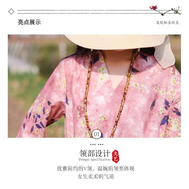 Übergröße V-Ausschnitt Langes Kleid Ethnischer Druck Schlitzärmel Lockere Taille Bindekleider