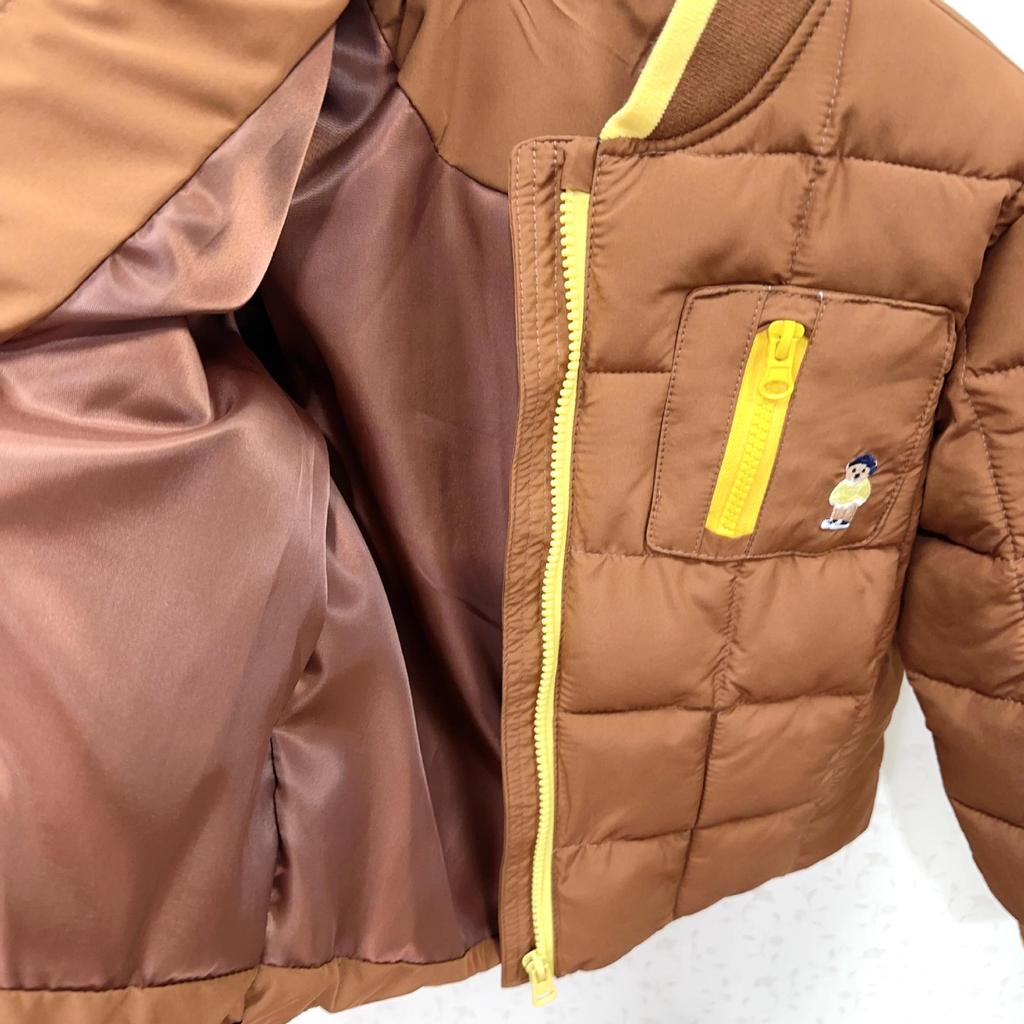 Kids' Winter Cotton Baseball Jacket with Bear Embroidery - Unisex, Zippered, Lightweight Korean Style.