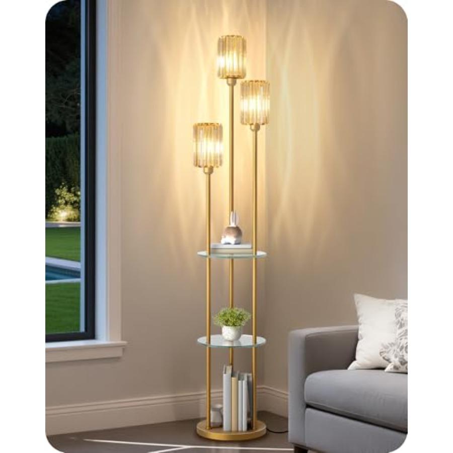 

Gold Floor Lamp with 3 Crystal Shades and Foot Switch 3-Light Standing Lamp with 3 Shelves for Living Room Bedroom Study Office
