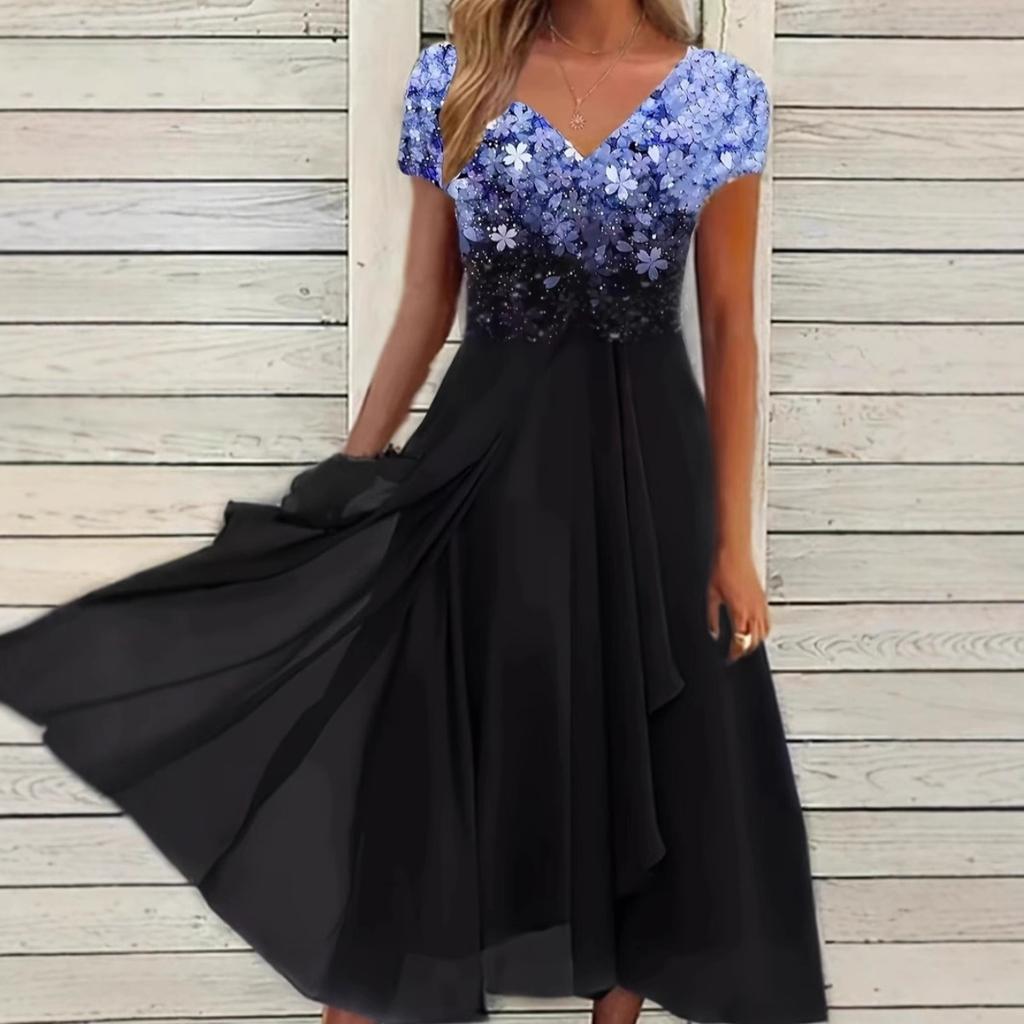 Women's V Neck Short Sleeve Midi Dress Loose Fit Mid Rise Casual Floral Print Chiffon Party Dress
