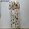 BITCED Spring Women's Printed Lantern Sleeve Fitted 1/2 Sleeves Full-Skirt Dress