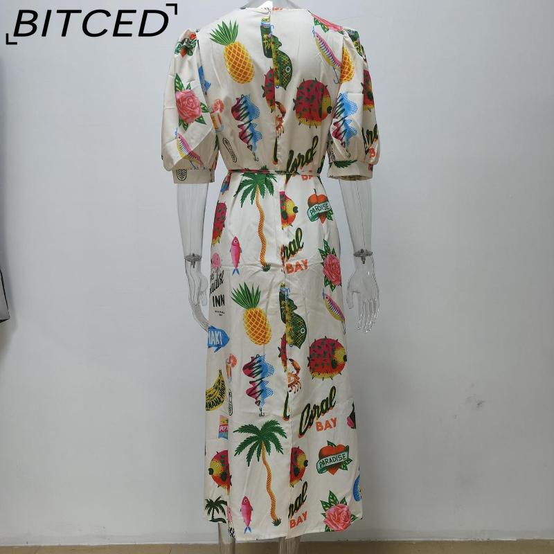 BITCED Spring Women's Printed Lantern Sleeve Fitted 1/2 Sleeves Full-Skirt Dress