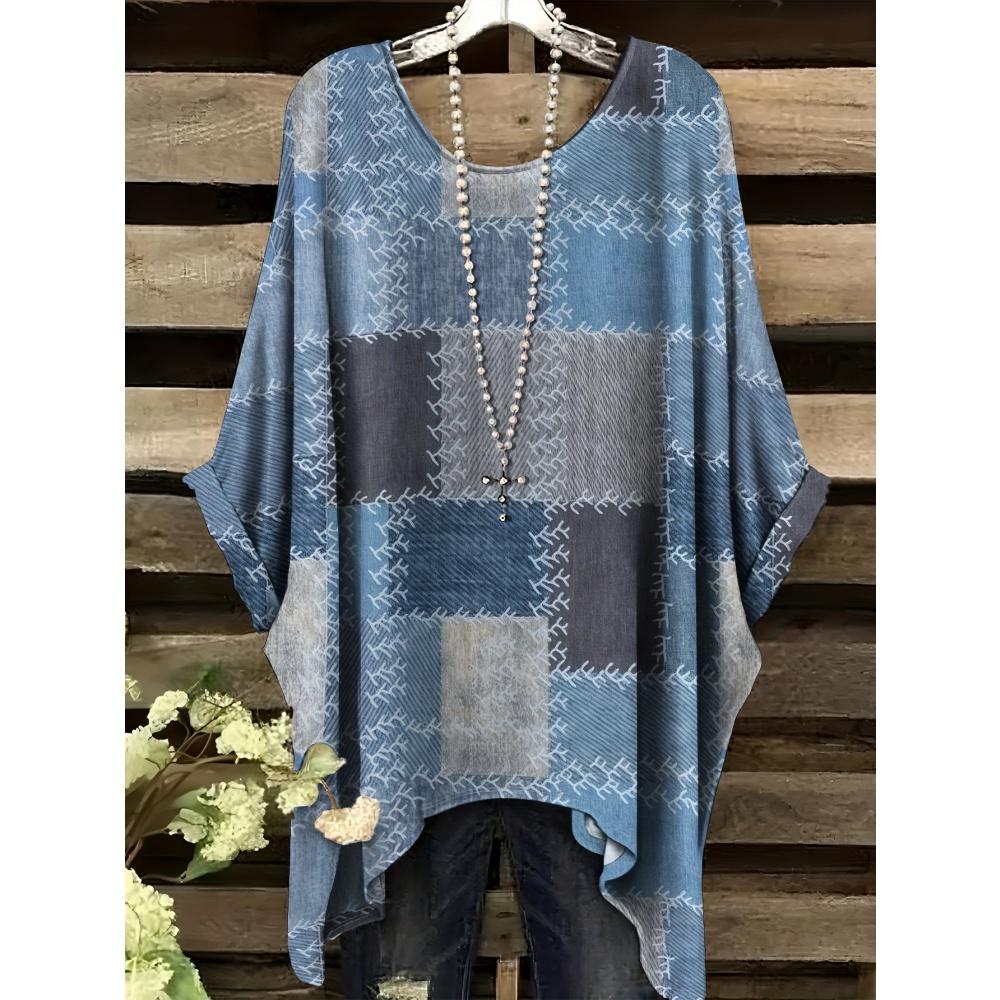 Women's T-Shirt Comfort Versatile Grid Print Loose O-Neck Elegant Bohemian Y2k Clothes Machine Washable Fashion Women's Clothing