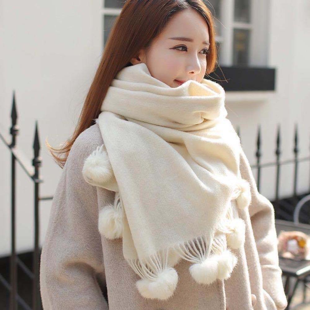 Oversized Rabbit Fur Pom Pom Scarf Solid Color Oversized Pashmina Poncho Outdoor Wear