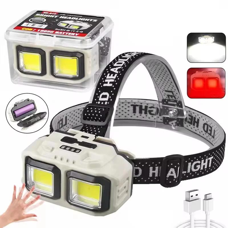 COB LED Headlamp Induction USB Rechargeable Head Flashlight Powerful Work Light for Outdoors Camping Fishing