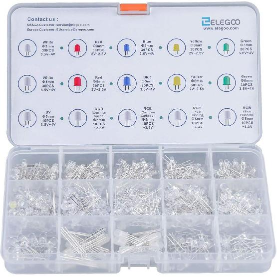 ELEGOO 3mm and 5mm Diffused and Clear Assorted LED Light Bulbs Kit 5 Light Colors with UV, RGB CA, Fast Flashing Compatible with Arduino (Pack of