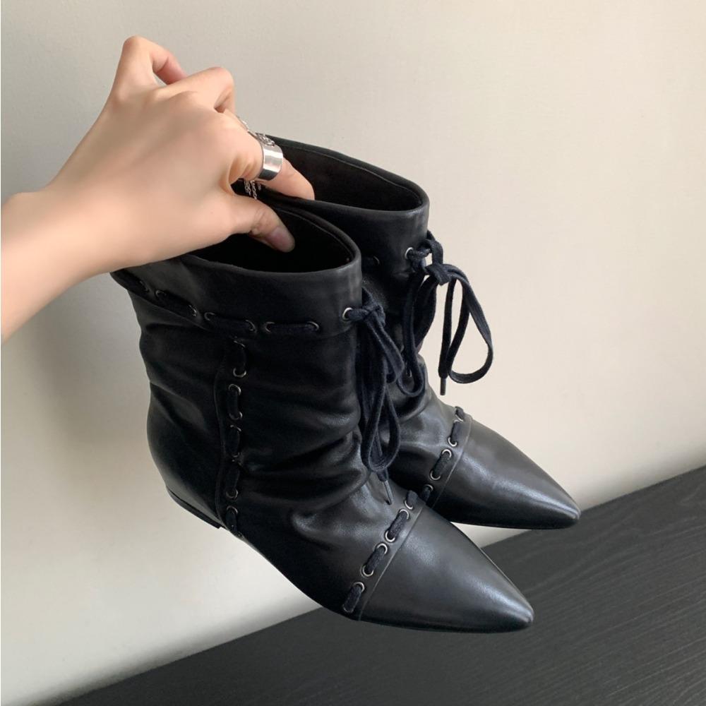 Fashion Fashion Drawstring Design Pleated Ankle Boots Pointed Toe Suede Leather Slip On Height Increasing Women's Western Cowboy Boots