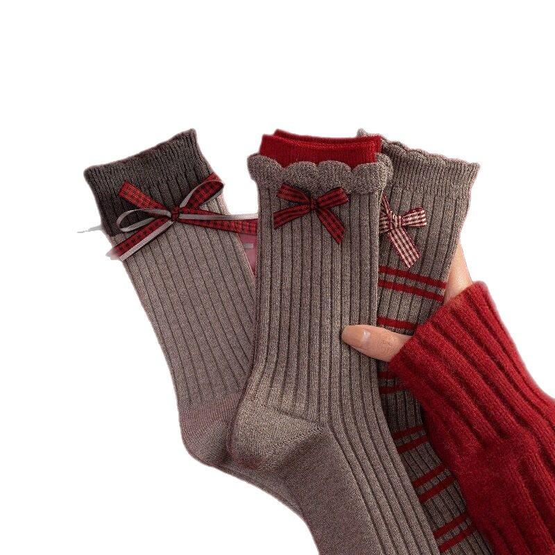 Zhuji Calf Socks Women'S Autumn And Winter Thickened Horse Year Natal Year Red Medium Tube Stacking Socks Retro Bow Cotton Socks