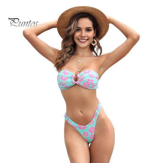 

2 шт./комплект женский комплект бикини бандо мягкий беспроводной бюстгальтер бикини с высокой талией плавки комплект раздельный дизайн цветочный принт купальник S зелёный