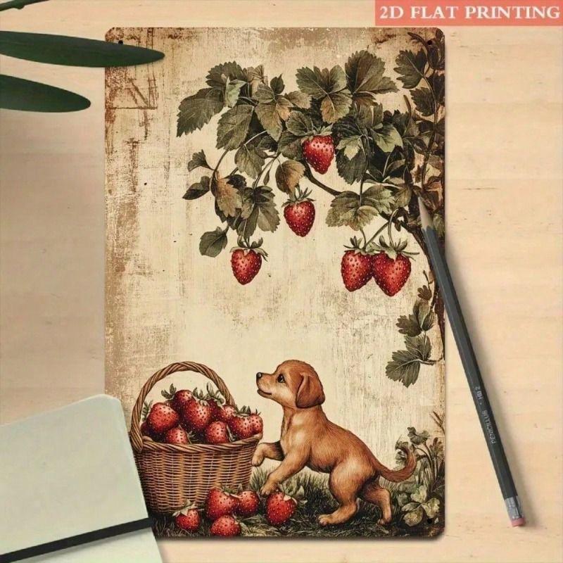 Retro Strawberry Dog Metal Poster 8x12 Inch Vinyl Wall Sign for Kitchen