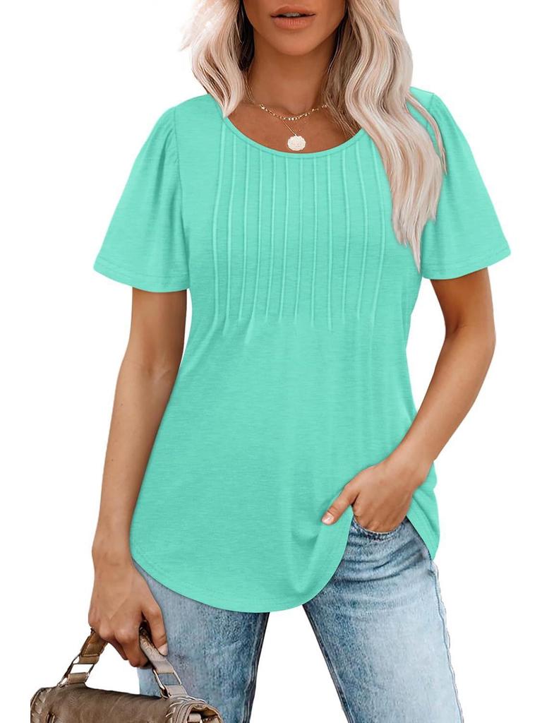 Pleated Round Neck Short Sleeve Women's T-Shirt - New 2024 European & American Style