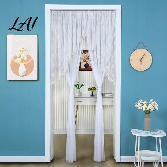 Light Filtering Balcony Partition Sheer Lace Door Curtain Embroidered Floral Doorway Curtain with Beads No Drill Rod Pocket Room Divider for Bedroom