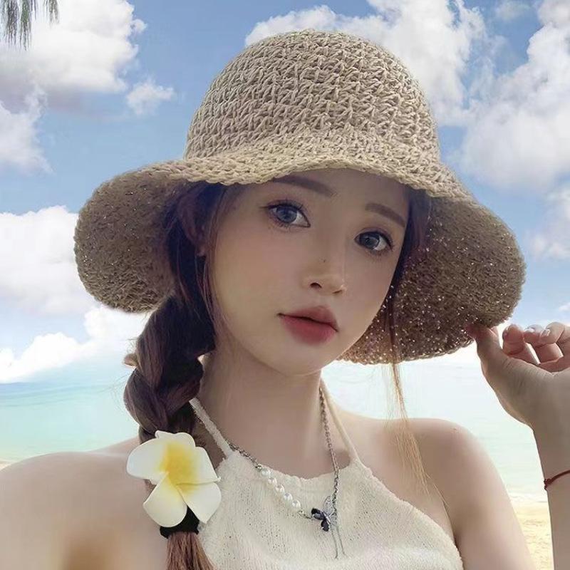 1pc Straw Women's Lace Bow Hollow Crochet Sun Cap,Summer Wide Brim Sunshade Panama Hat Fashion Foldable Beach Hat for Travel