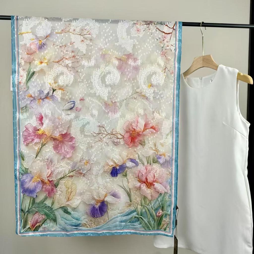 Cut Flower Silk Scarves, Women'S Summer Thin Styles, Send Mother Shawls, Middle-Aged And Elderly Scarves, Travel Photos, Beach Towels