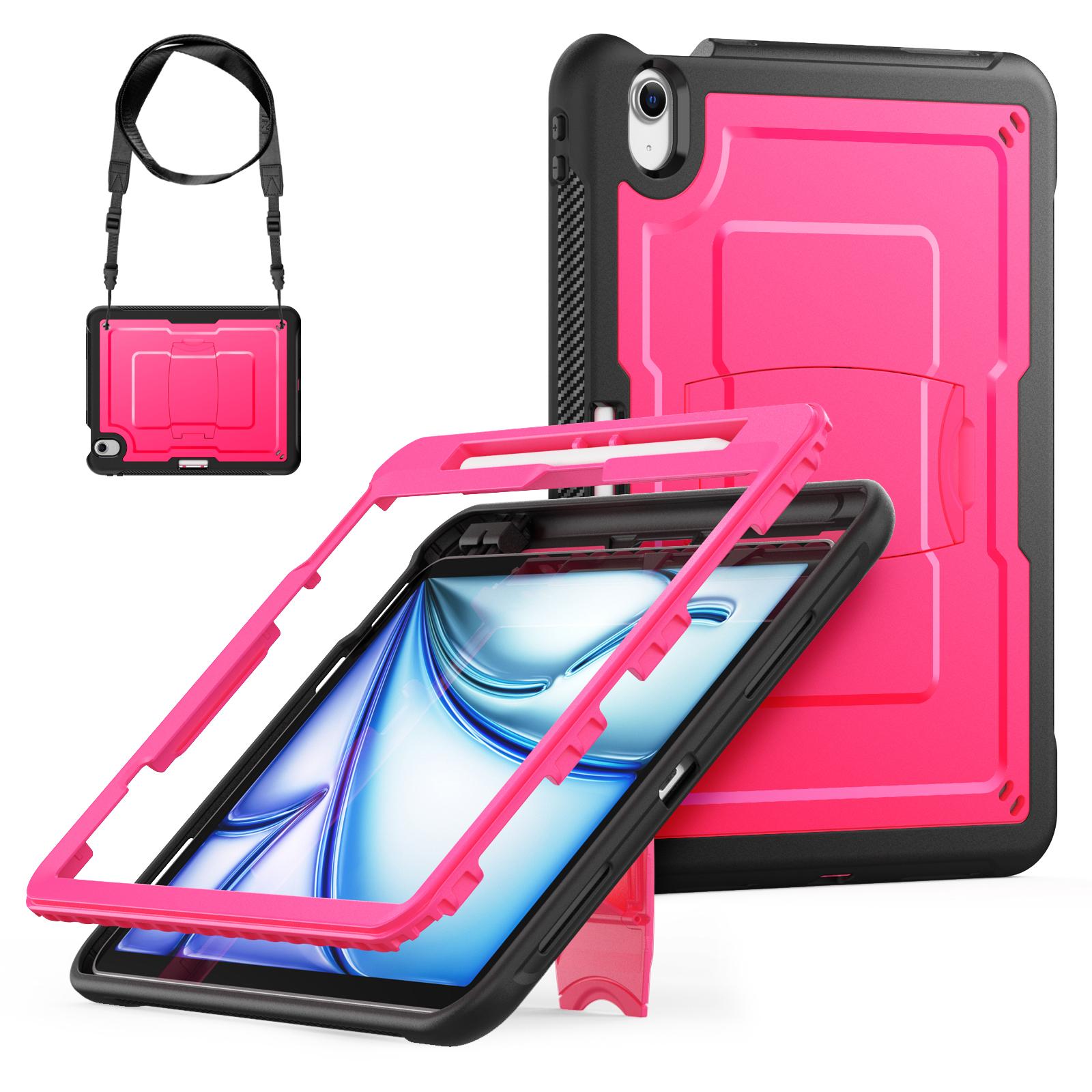 

For iPad Air 11 (2025)/(2024) Case Hidden Zinc Alloy Kickstand PC+TPE Tablet Cover with Shoulder Strap Rose