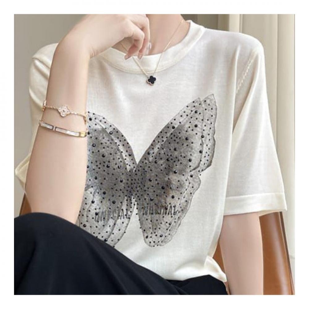 Navava Women BuTTerfly PrinT Round Neck 5 Sleeve KniT T shirT Nk2164
