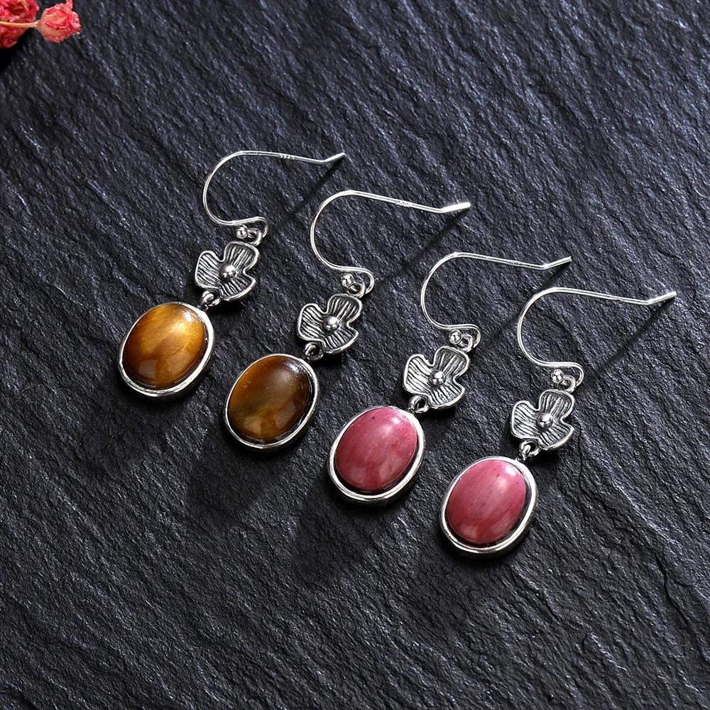 Vintage Earrings Natural Oval Tiger's Eye Stone Flower Shape S Silver Earring for Women Rhodochrosite Fine