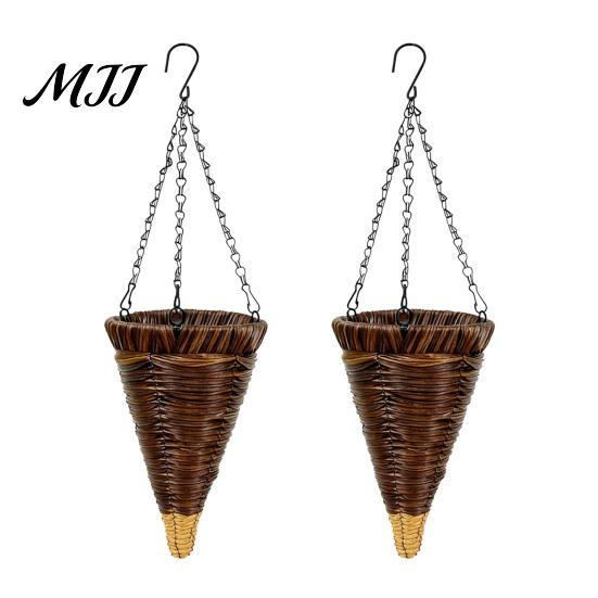 Rattan Hanging Basket Cone Flower Artificial Woven Planter Rustic Conical Plant with Metal Chains for Indoor Outdoor Garden Balcony