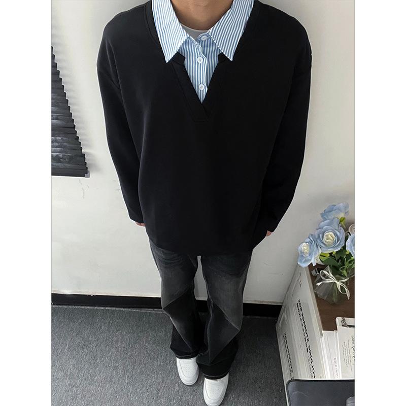 

Vintage 2026 Fashion Fake Two-piece Splicing Lapel Sweater Men s Autumn Trendy Brand Loose Pullover M чёрный