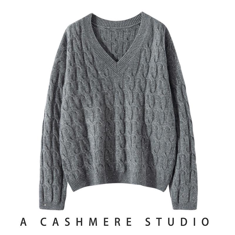 Women's V-Neck Loose Cable Knit Wool Sweater - Winter 2024 Casual Pullover Knitwear
