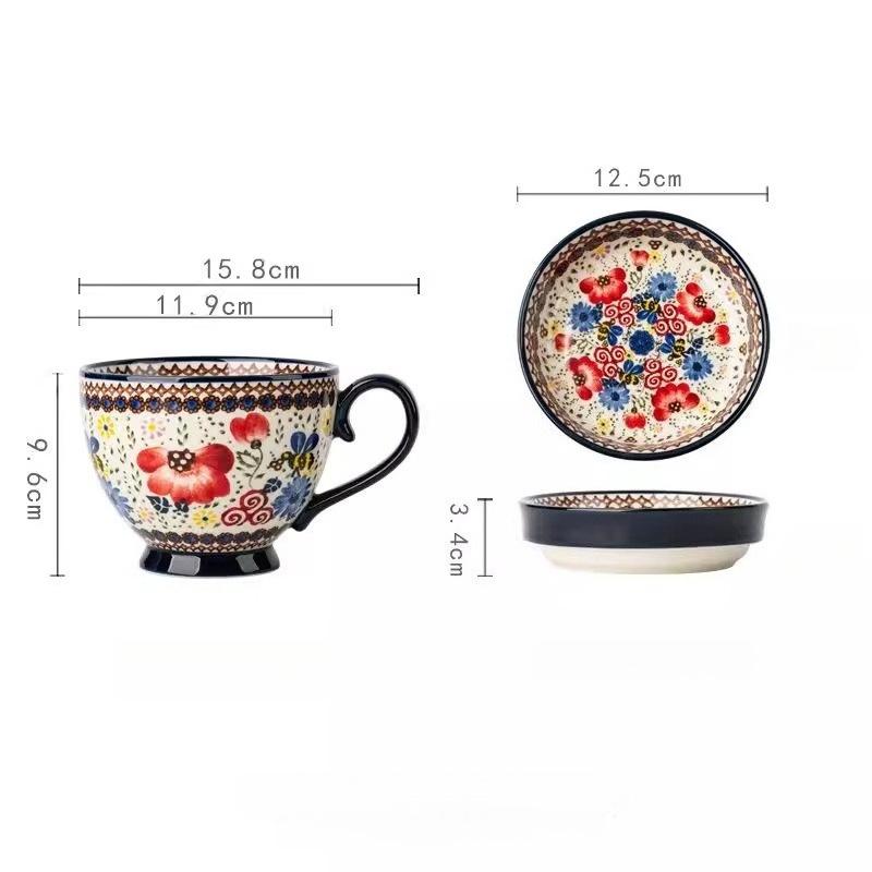 Handpainted Ceramic Soup Bowl with Snack Serving Tray,Vintage Floral Embossed Design Microwave Safe,Large Handle and Thick Base,Perfect for Cereal,Nut