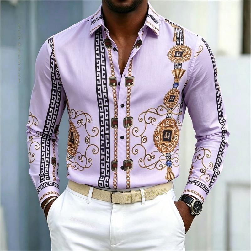 New Men's Shirt Palace Style Shirt Black Gold Pattern Printed Slimming Long Sleeve Shirt Trendy Fashion Casual Men's Wear