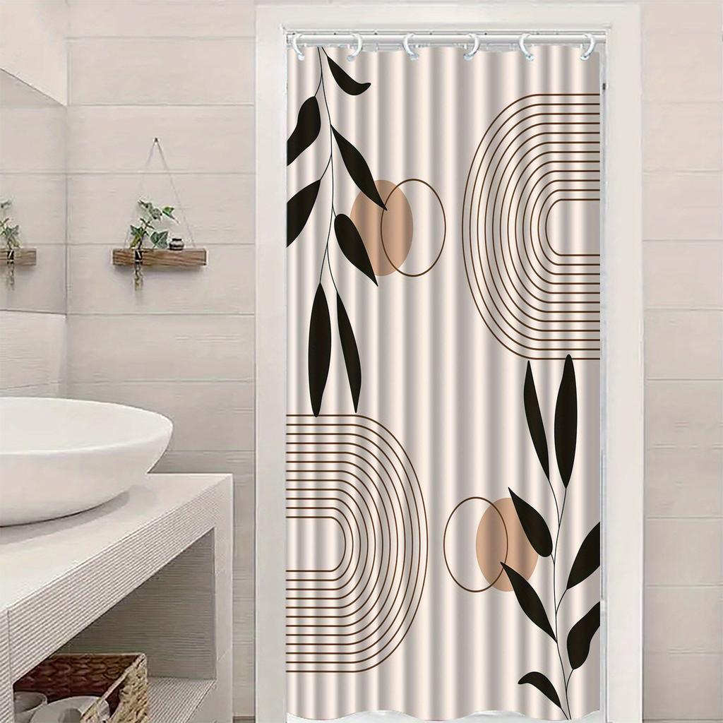 Geometric Leaf Shower Curtain Minimalist Black Branches & Gold Circles, Modern Abstract Art For Contemporary Bathroom Decor