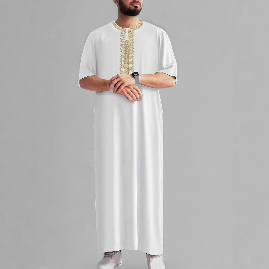 2026 Vintage Muslim Men's Robe Mid-Sleeve Embroidered Ethnic Moroccan Thobe Traditional Islamic Kaftan Loose Comfortable Casual Prayer Gown