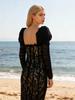 European Black Lace Long Sleeve Formal Dress with French Puff Sleeves, Square Neck, Cut-out Detail, and Slim Fit Mermaid Skirt