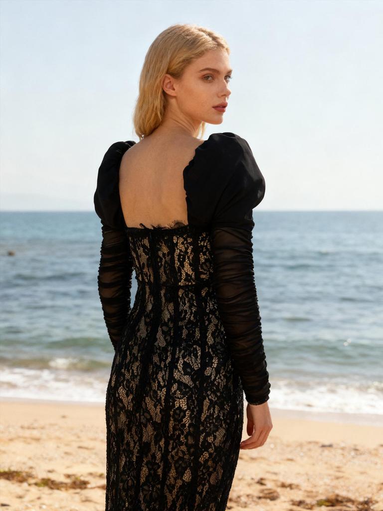 European Black Lace Long Sleeve Formal Dress with French Puff Sleeves, Square Neck, Cut-out Detail, and Slim Fit Mermaid Skirt