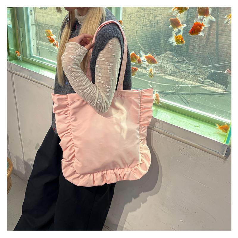 Vintage Women Tote Bags French Style Ruffles Elegant Sac A Main Femme Large Capacity Light Thin Shoulder Bolso Mujer Handbags