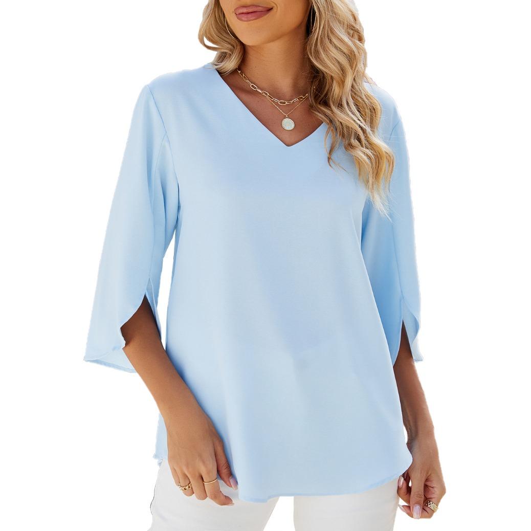 

IHUASU Весна/лето однотонный свободный шифоновый топ с V-образным вырезом и рукавами средней длины XXL небесно-голубой