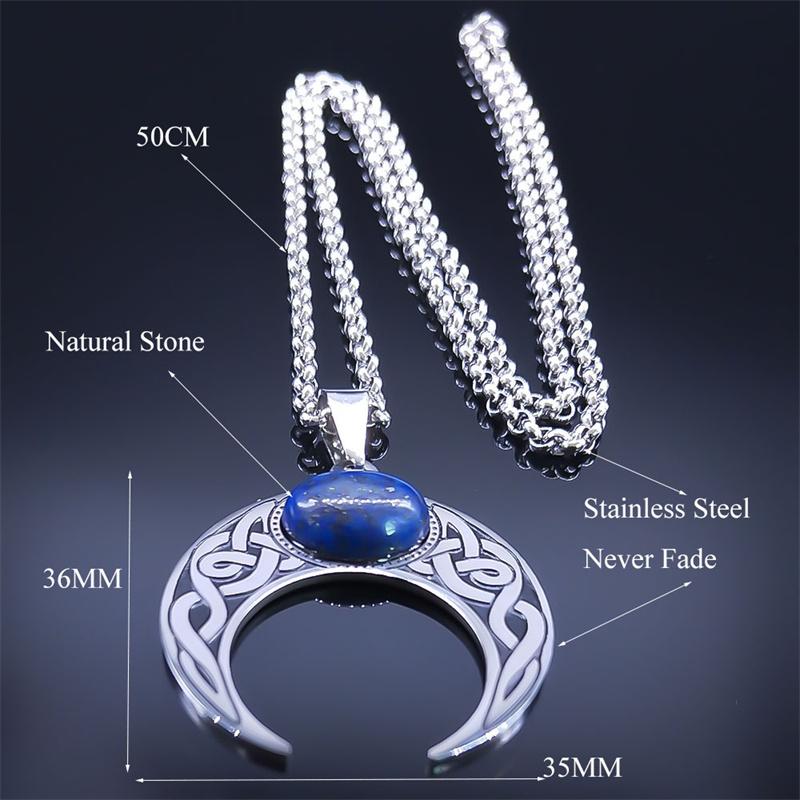 Vintage Crescent Moon Knot Pendant Necklaces for Women Stainless Steel Blue Stone Silver Color Punk Chain Jewelry Collier N7941
