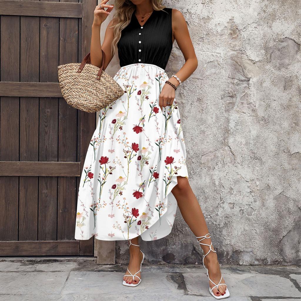 Women Summer Dresses Bohemian Women's Casual And Fashionable V-neck Sleeveless Printing Mid Length Dress