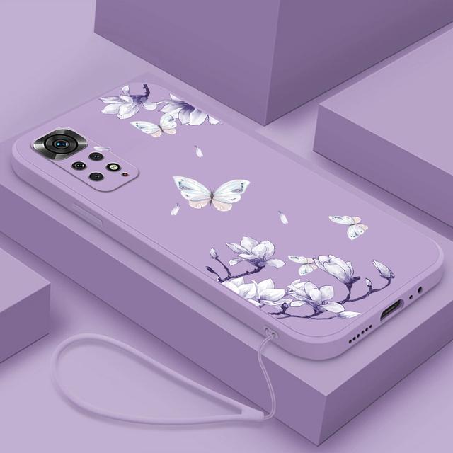 Blomster Silikondeksel For Xiaomi Redmi Note 11 Pro Plus 11pro+ 5G 10 8 9 Pro Max 9t 9s 10s Sommerfugl Telefondeksel med Lanyard