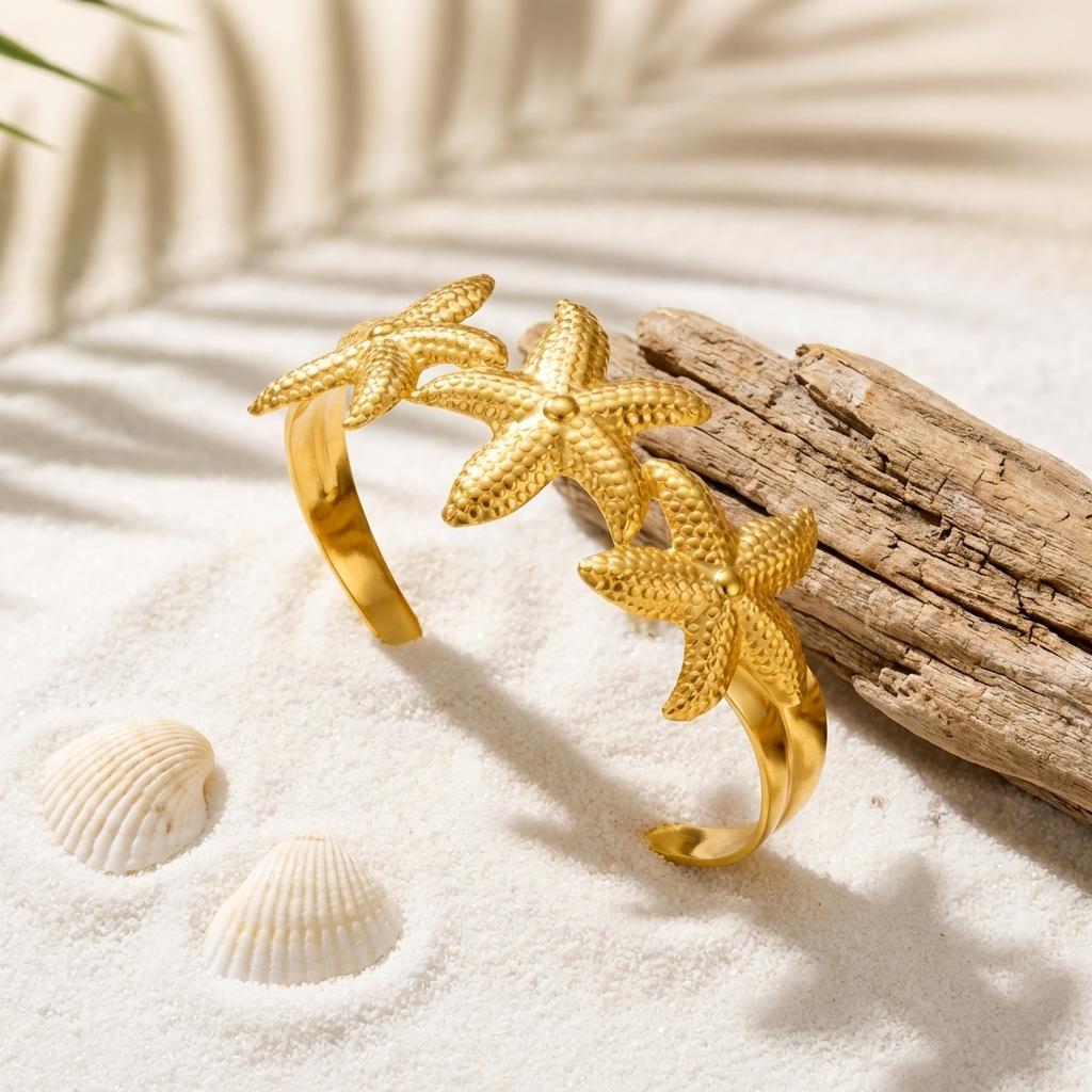 Mermaidcore Aesthetic Chunky Gold Color Starfish Bangle for Women Textured Metal Wide Open Bracelet Summer Beach Jewelry