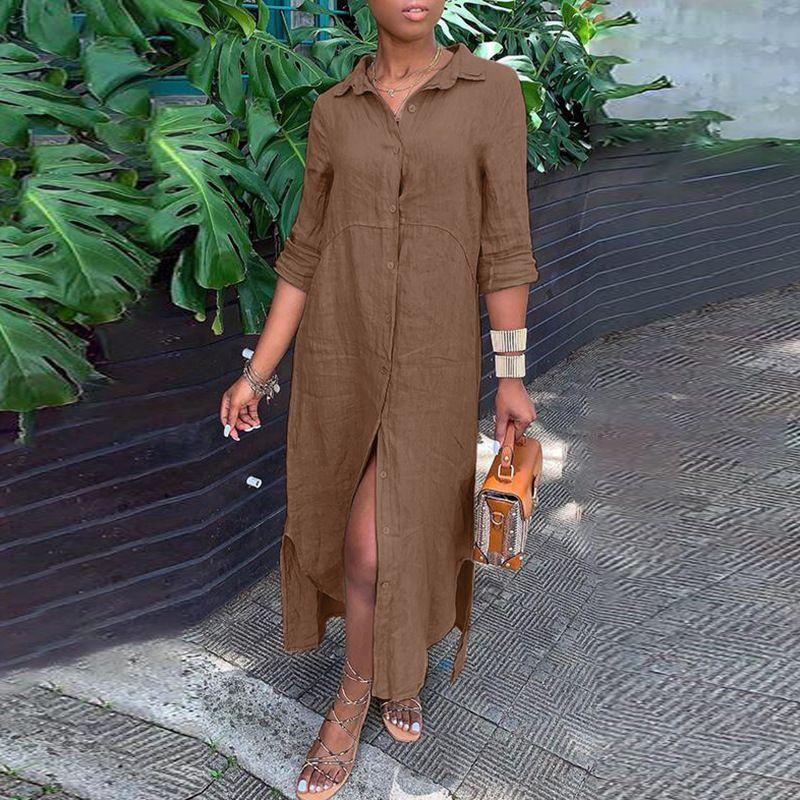 Cotton and Linen Button up Long Skirt Dress Cotton and Linen Button Dress