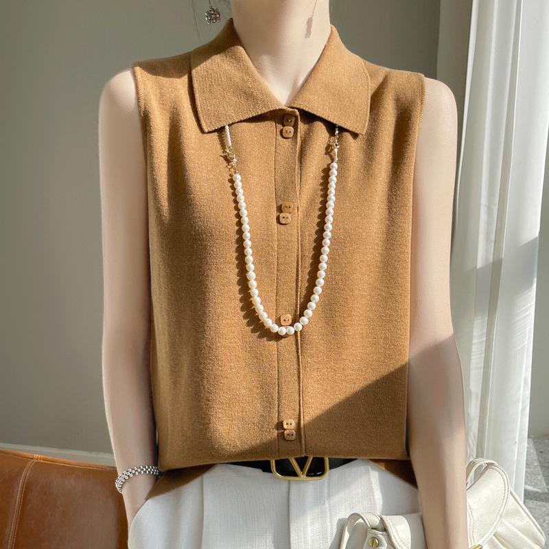 Polo Collar Sleeveless Worsted Wool Vest for Women In Spring and Autumn Style, Inner Style Solid Color Knitted Vest Base Shirt Top