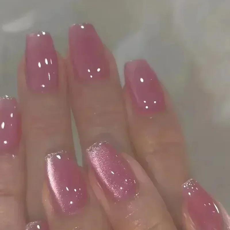 24Pcs Medium Short Square White Silver Glitter French Tip Press On Nails Full Cover Fake Nail Art Tips