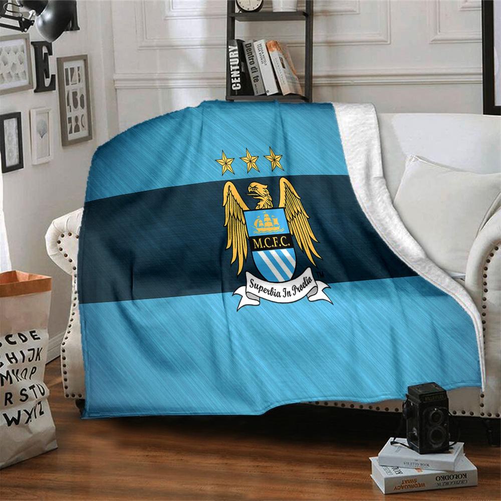 Manchester City Crest Flannel Blanket, Soft Polyester, Modern Design, All-Season for Camping, Travel, Gifts for holidays or birthdays