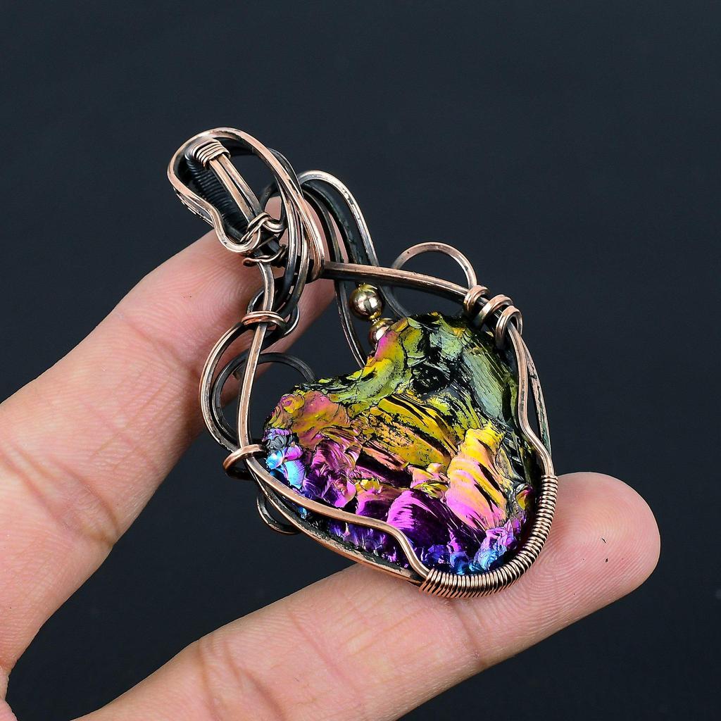 Peacock Aura Druzy Gemstone Handmade Pure Copper Wire Wrap Jewelry Pendant For Women