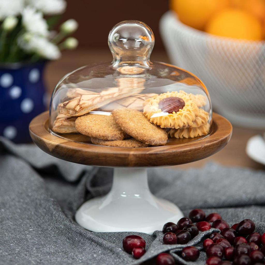 Acacia Plate On Porcelain Foot , Wooden Tray