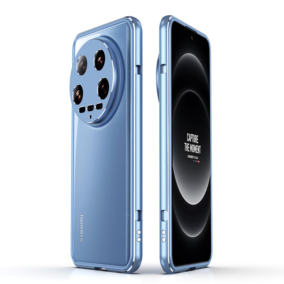 

Бампер для телефона Xiaomi 14 Ultra, противоударный металлический каркас-чехол с защитой задней линзы камеры Blue/Silver