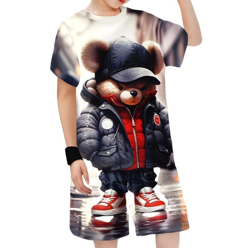 

Детская футболка с рисунком медведя из мультфильма, детские комплекты, футболка для мальчика, модные летние детские комплекты, кавайные топы, одежда для мальчиков 160