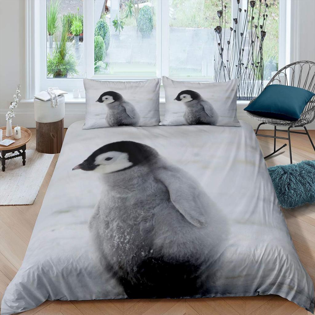 Penguin Duvet Cover Set Antarctic Animals Bedding Set For Kids Boys Girls Cartoon Style King Size Winter Theme Comforter Cover