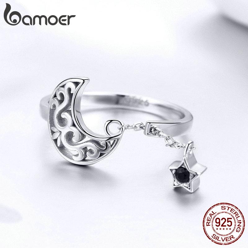 BAMOER Genuine 925 Sterling Silver Moon And Star Long Chain Star Adjustable Finger Ring