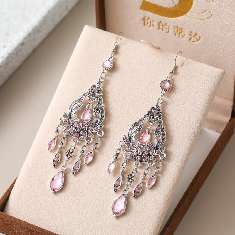 Vintage Ethnic Rhinestone Long Earrings Light Luxury Texture Flower Shaped Water Drop Earrings for Women Retro Jewelry Gift