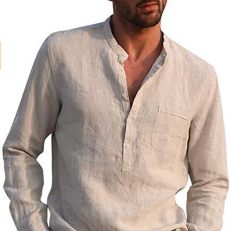 Men's Long-sleeved V-neck Casual Beach Linen Shirt Men's New Versatile Thin Models of Fashion Shirt Tops
