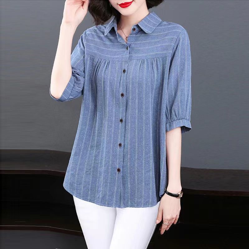 Women Casual Fashion Elegant Striped Printed Button Shirt Summer  Loose  Half Sleeve Tops