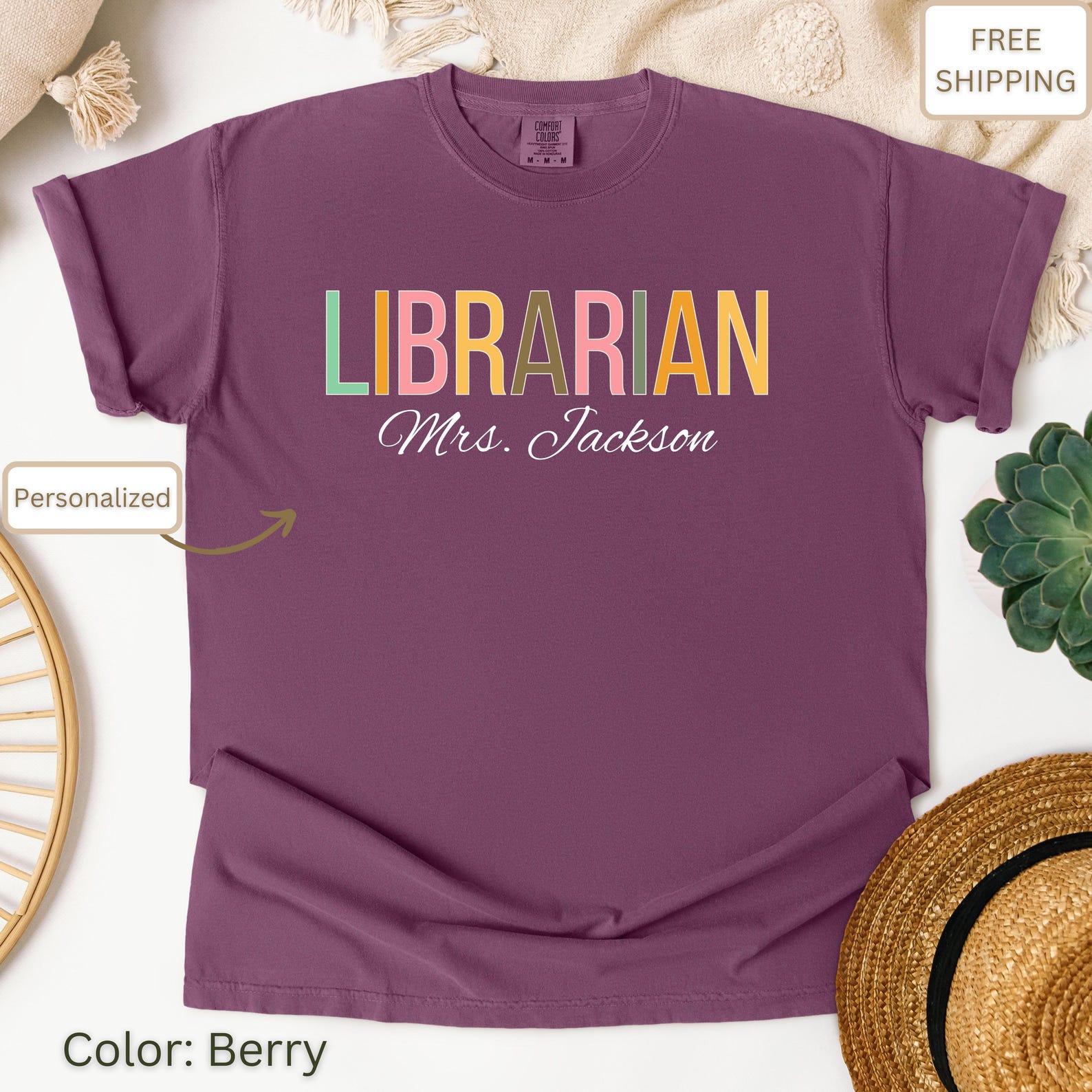 Personalized Librarian Tee: Colorful Flower Theme, Educator Gift S